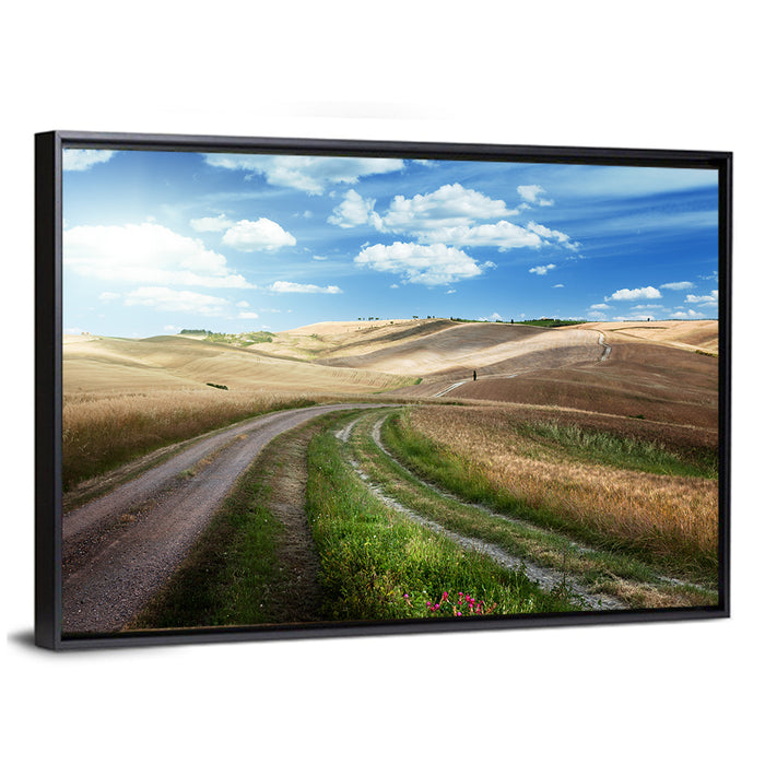 Dirt Road Through Tuscany Wall Art as a framed canvas
