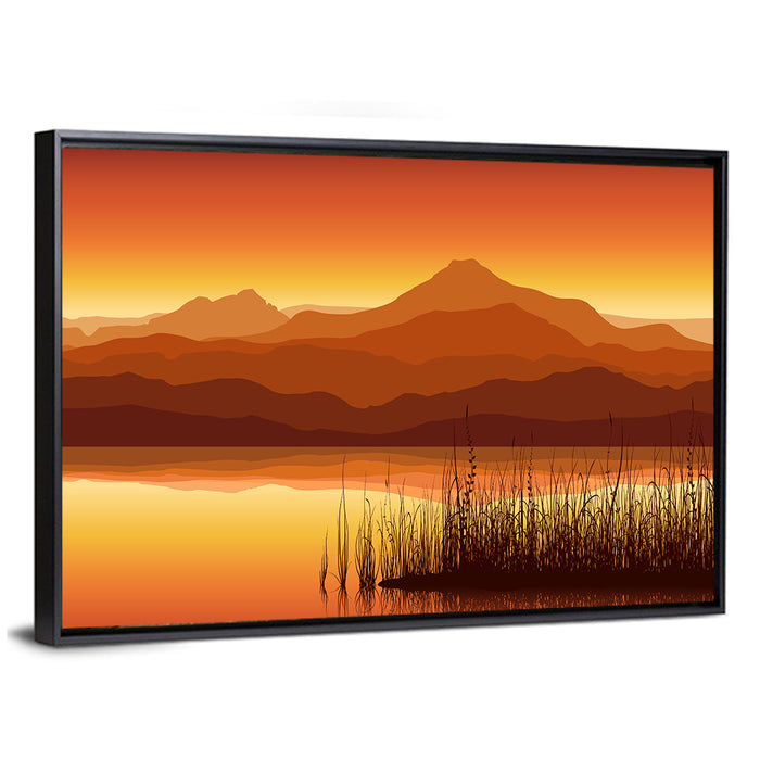 Golden Mountain Lake Sunset Wall Art as a framed canvas
