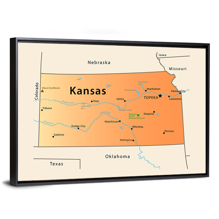 Kansas State Map Wall Art as a framed canvas