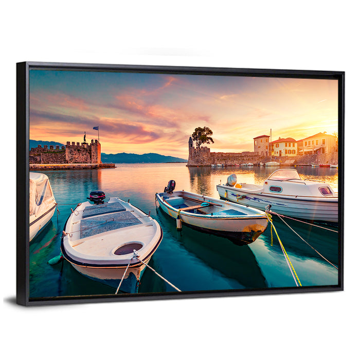 Nafpaktos Harbor at Sunset Wall Art as a framed canvas