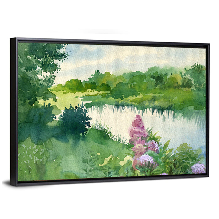 Lake Reflection with Purple Flowers Wall Art as a framed canvas