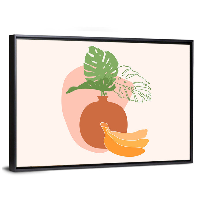 Monstera and Bananas Still Life Wall Art as a framed canvas