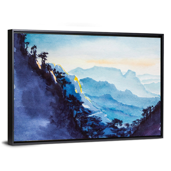 Dawn Light Watercolor Mountain Forest Wall Art as a framed canvas