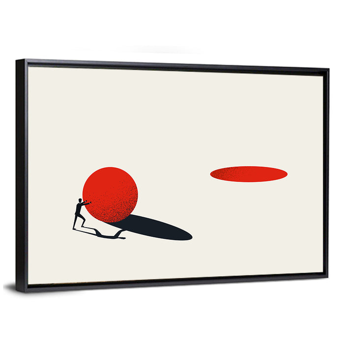 Man Pushing Sphere Wall Art as a framed canvas