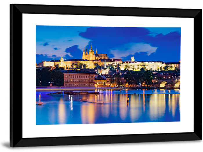 Prague Castle Night Reflection Wall Art as a framed print