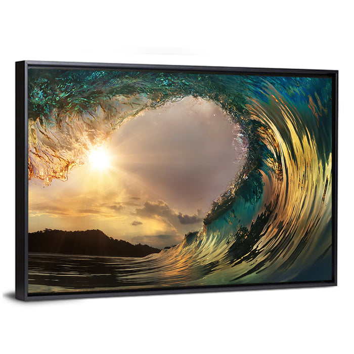 Surfing Barrel at Sunset Wall Art as a framed canvas