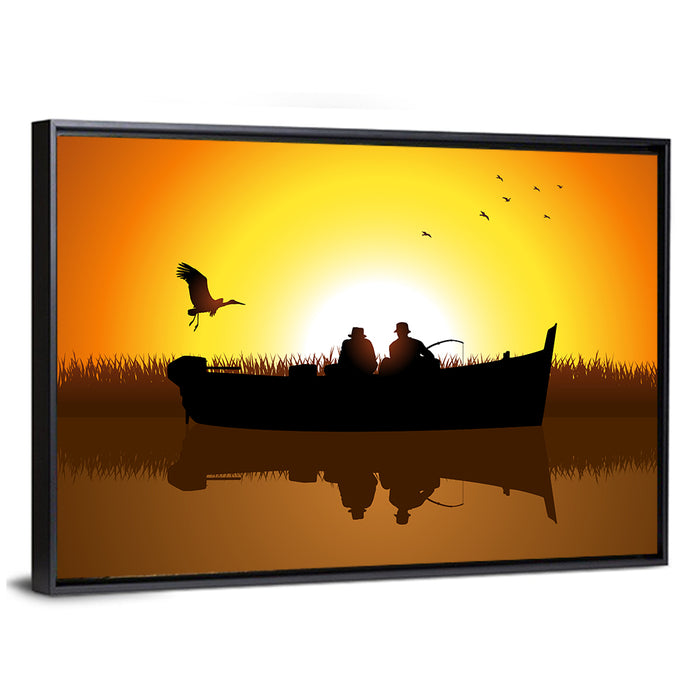 Sunset Fishing Silhouette Wall Art as a framed canvas