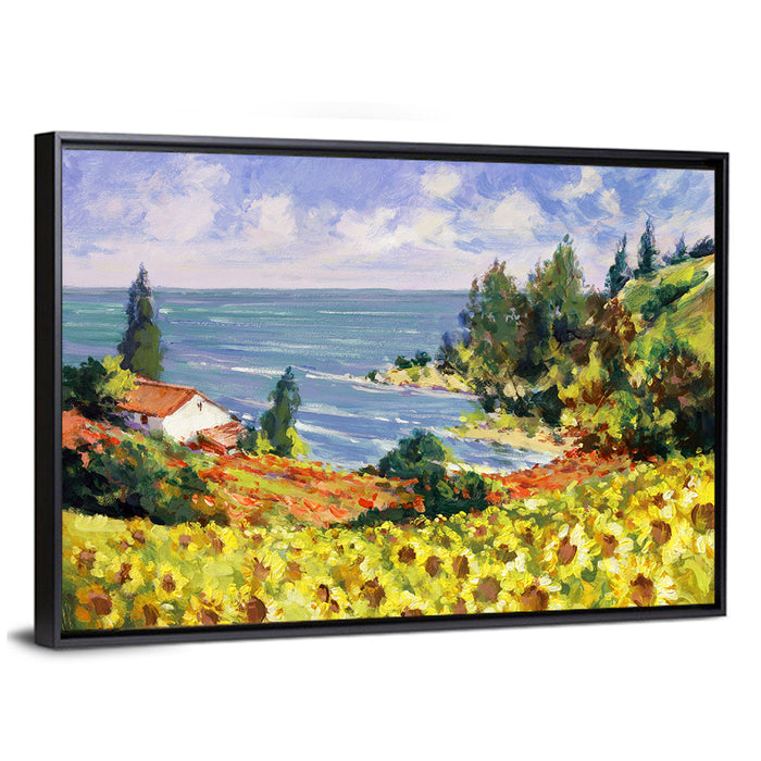 Sunflower Coastal Landscape Wall Art as a framed canvas