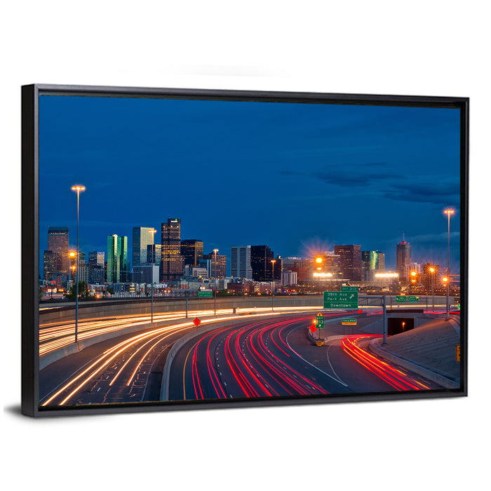 Denver Skyline with Light Trails Wall Art as a framed canvas