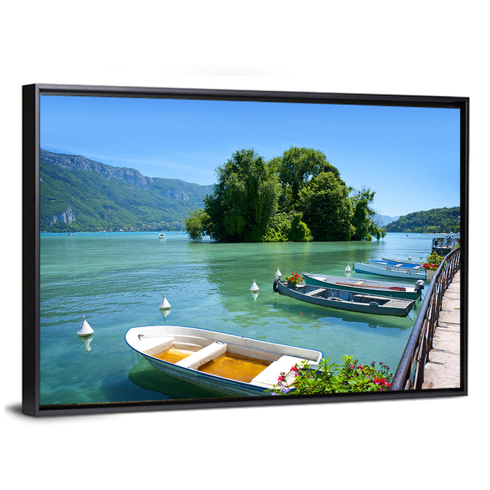 Lake Annecy Sunny Shoreline Wall Art as a framed canvas