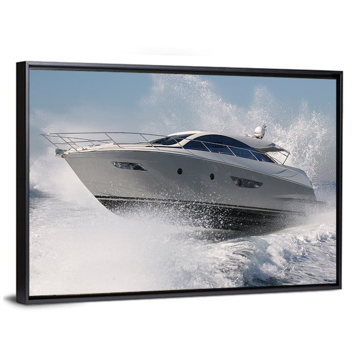 Motor Yacht Cutting Through Spray Wall Art as a framed canvas