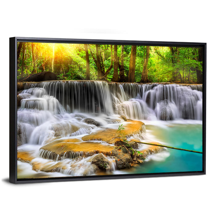 Sunlit Erawan Waterfall, Kanchanaburi Wall Art as a framed canvas