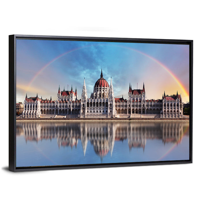 Budapest Parliament Reflection Wall Art as a framed canvas