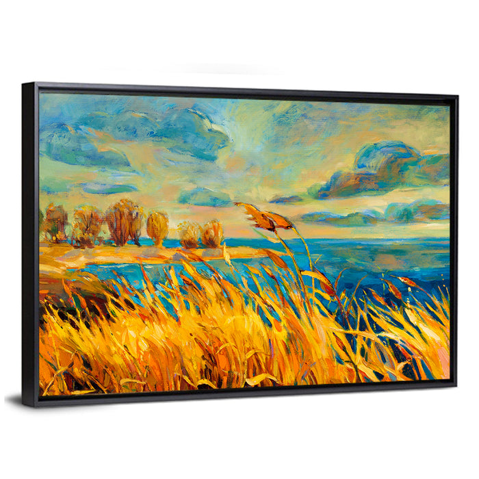 Golden Hour Lake with Tall Grass Wall Art as a framed canvas