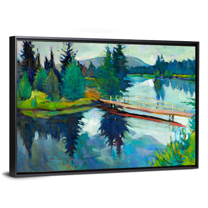 Forest Bridge Reflection Illustration Wall Art as a framed canvas