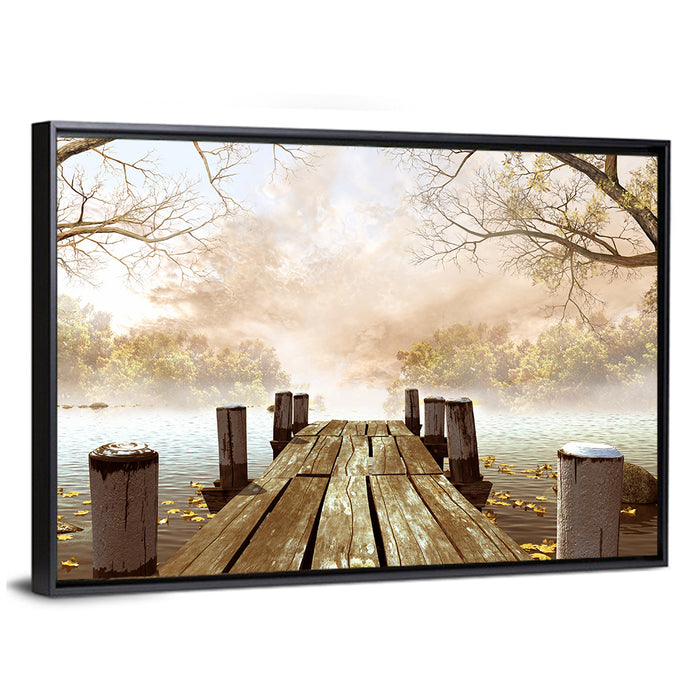 Foggy Lake Dock Wall Art as a framed canvas
