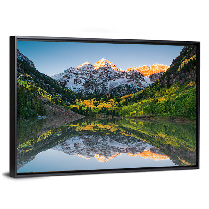 Maroon Bells Sunrise Reflection Wall Art as a framed canvas