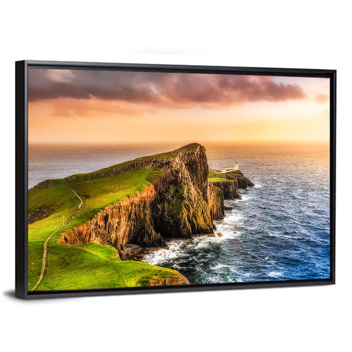 Sunset at Neist Point Lighthouse Wall Art as a framed canvas