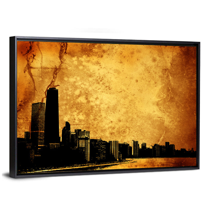 Grunge City Skyline at Dusk Wall Art as a framed canvas