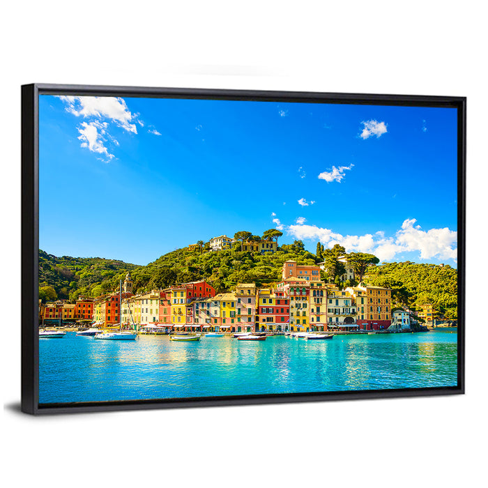 Colorful Portofino Harbor Wall Art as a framed canvas