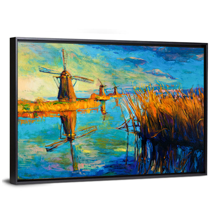 Windmills by the Lake Wall Art as a framed canvas