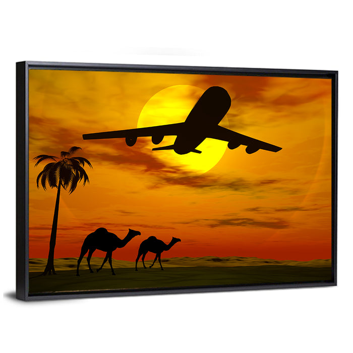 Tropical Sunset Plane Silhouette Wall Art as a framed canvas