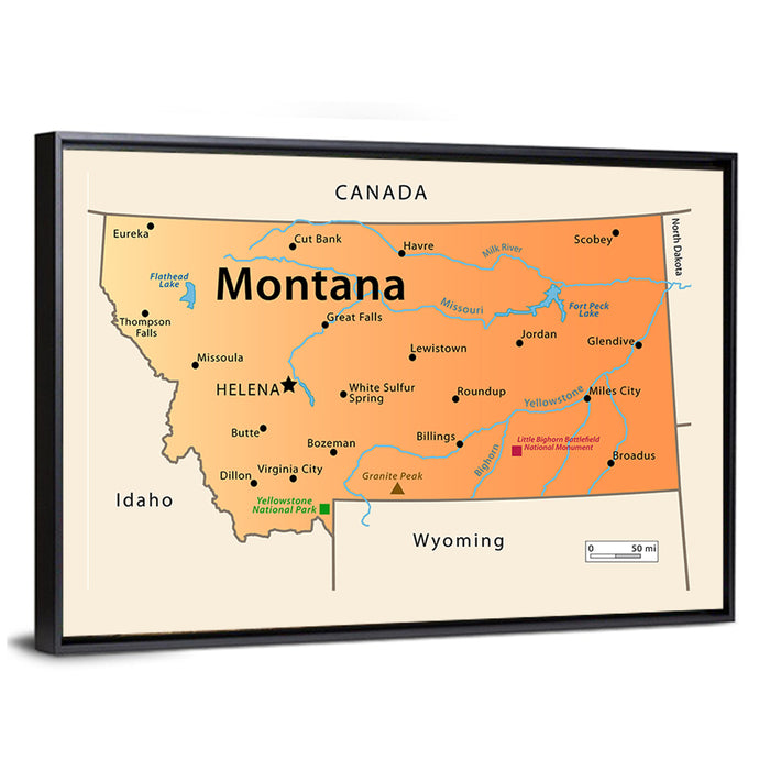Montana State Map Wall Art as a framed canvas