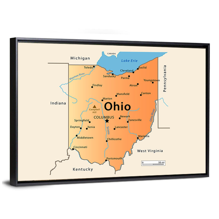 Ohio State Map Wall Art as a framed canvas