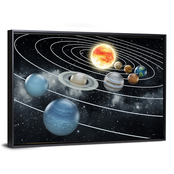 Solar System Perspective with Glowing Sun Wall Art as a framed canvas