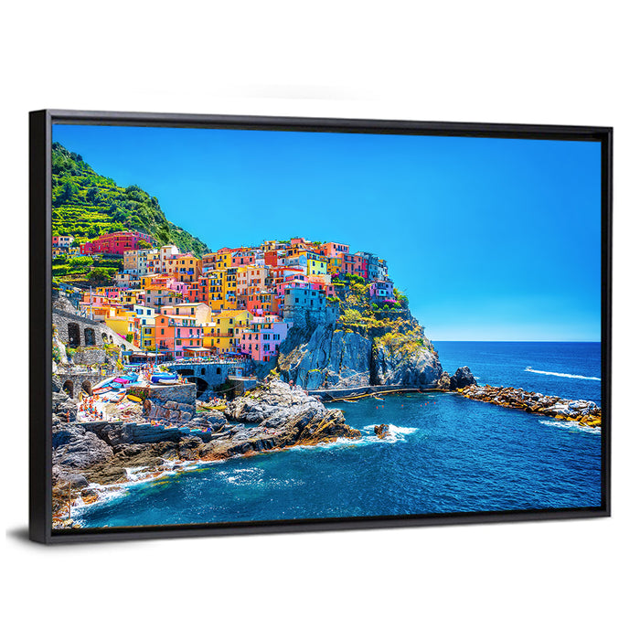 Manarola Cliffside Village Wall Art as a framed canvas