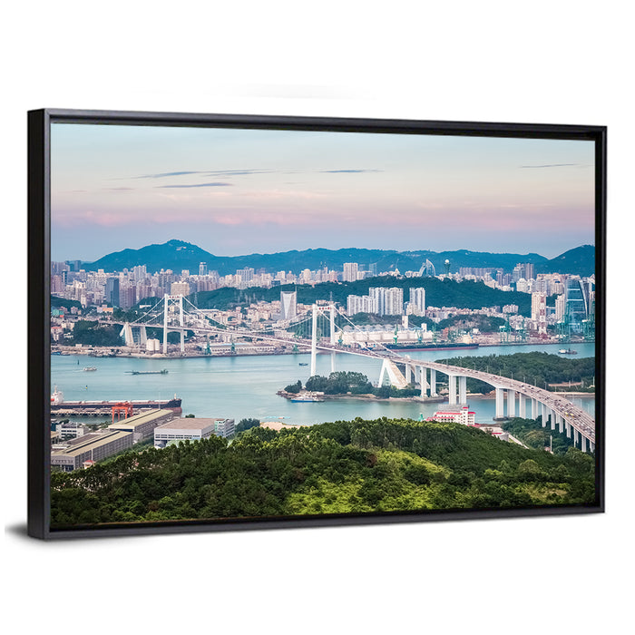 Haicang Suspension Bridge at Dusk Wall Art as a framed canvas