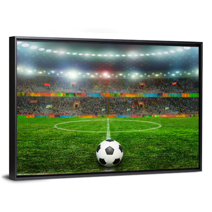 Soccer Ball Under Floodlights Wall Art as a framed canvas