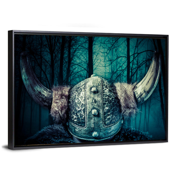 Horned Viking Helmet Wall Art as a framed canvas