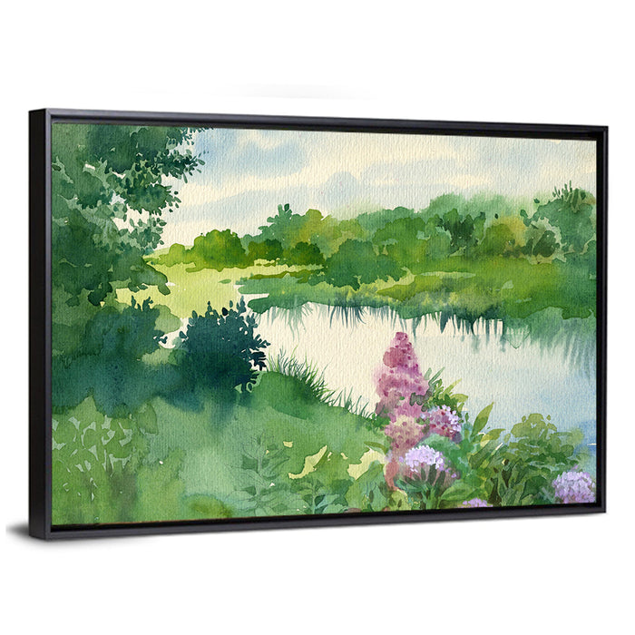 Serene River Watercolor Wall Art as a framed canvas