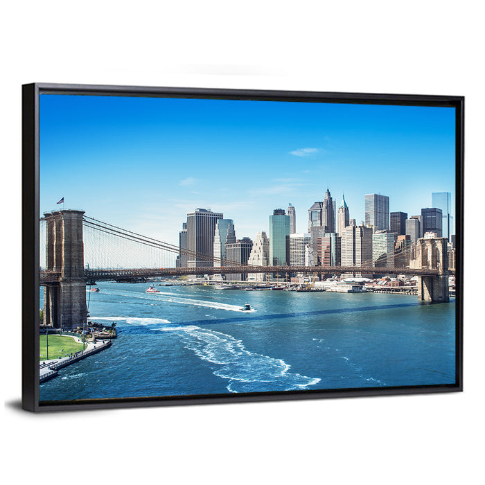 Brooklyn Bridge and Manhattan Skyline Wall Art as a framed canvas