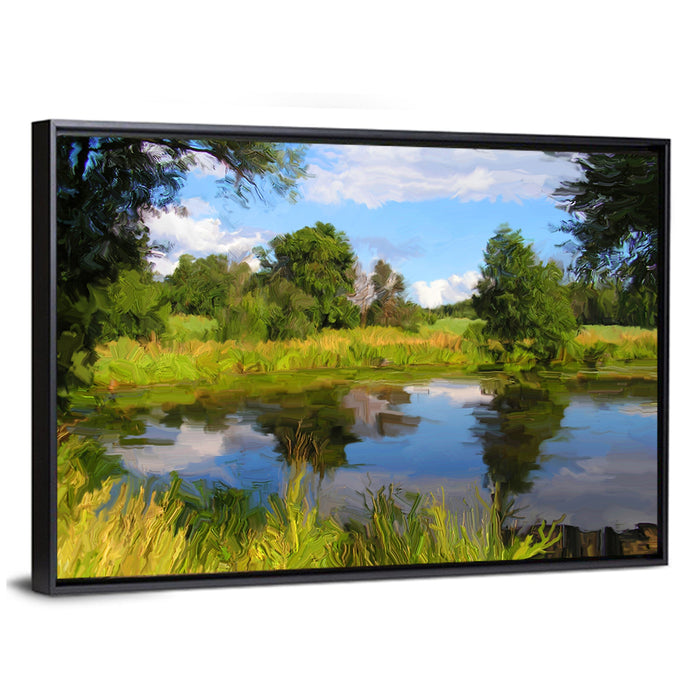 Blue Lake Reflection Illustration Wall Art as a framed canvas