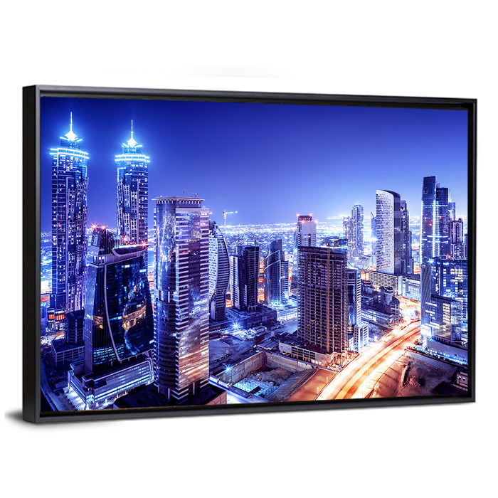 Downtown Dubai Night Skyline Wall Art as a framed canvas