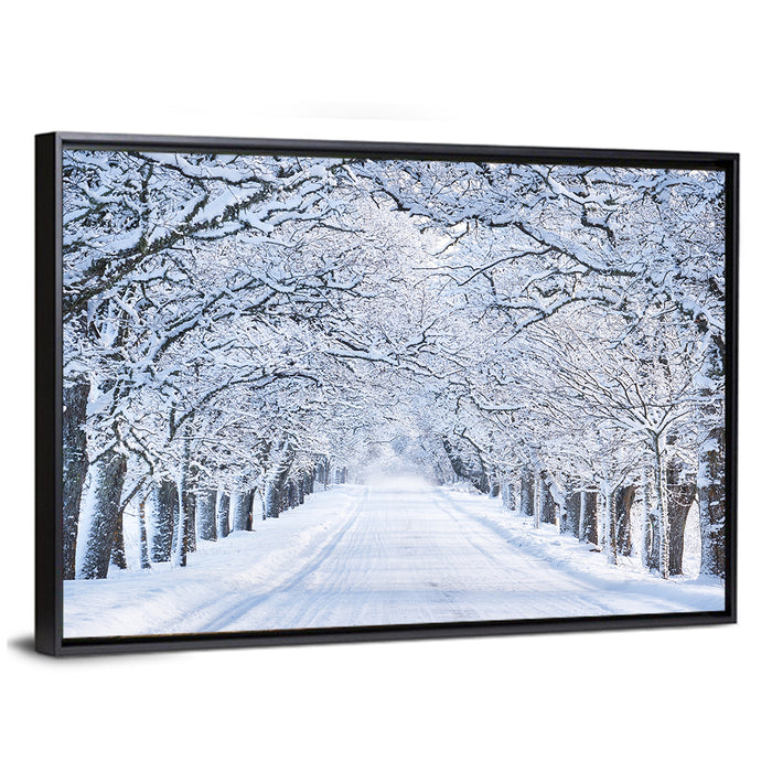 Snowy Morning Alley Wall Art as a framed canvas