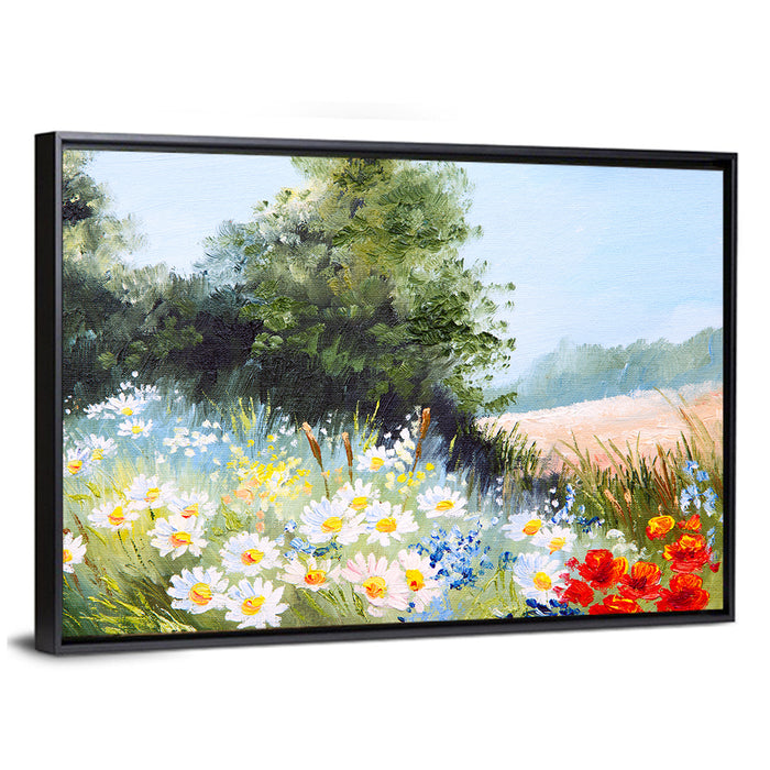 Daisy Meadow with Red Poppies Wall Art as a framed canvas