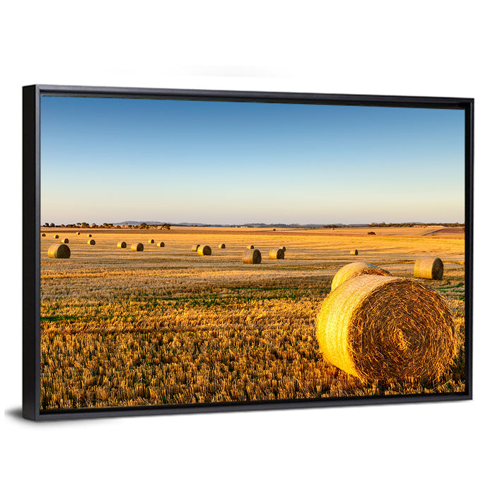 Hay Bales at Sunset Wall Art as a framed canvas