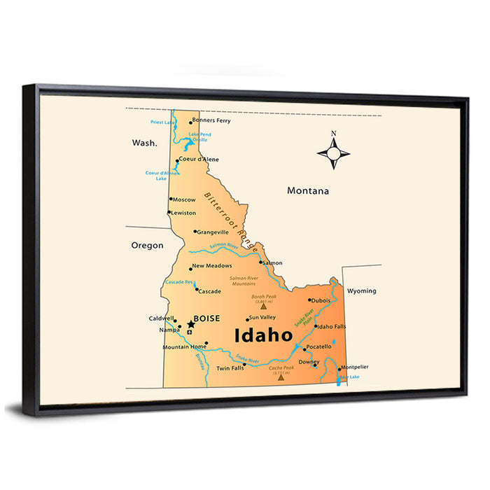 Idaho Cartographic Map Wall Art as a framed canvas