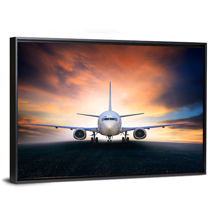 Centered Jet at Sunset Wall Art as a framed canvas