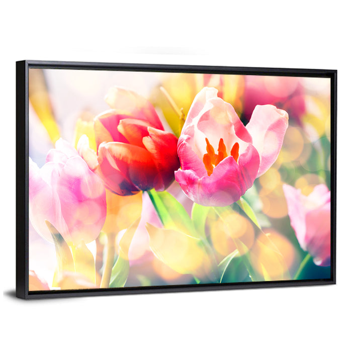 Vibrant Spring Tulips Close Up Wall Art as a framed canvas
