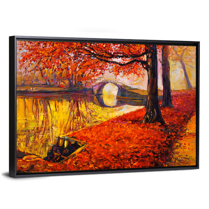 Autumn Bridge Over Golden Lake Wall Art as a framed canvas