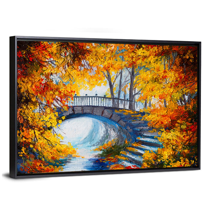 Autumn Forest Stone Bridge Wall Art as a framed canvas