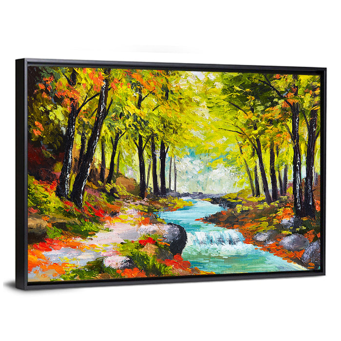 Autumn Forest Stream Wall Art as a framed canvas