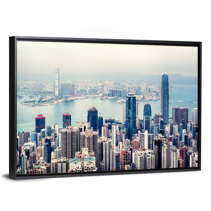 Victoria Harbour Hong Kong Skyline Wall Art as a framed canvas