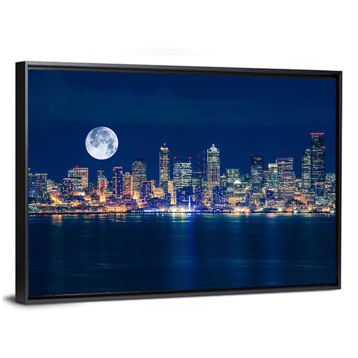Seattle Skyline at Night Wall Art as a framed canvas