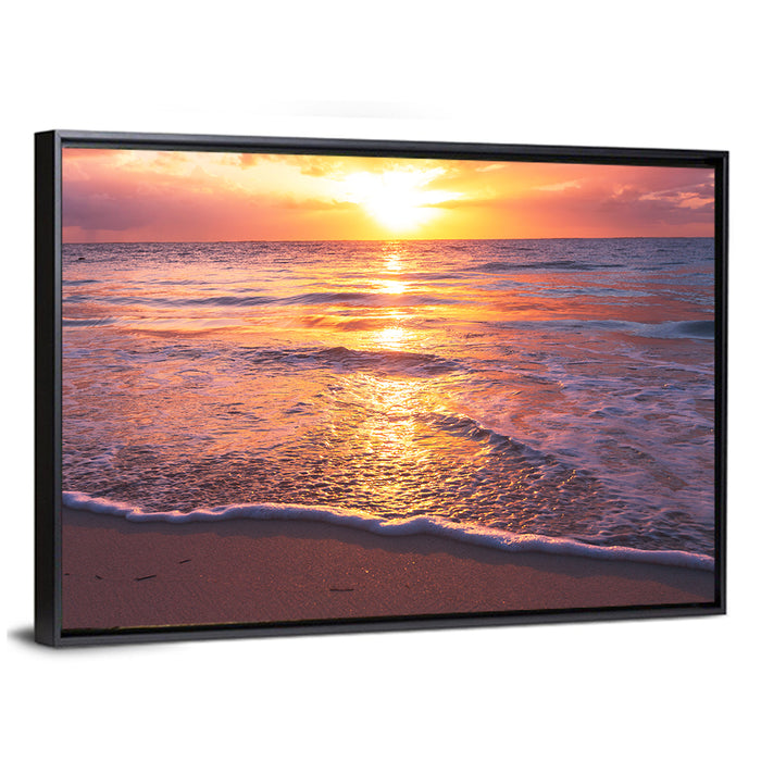 Golden Horizon Beach Sunset Wall Art as a framed canvas