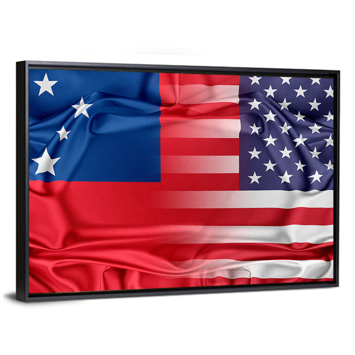 Samoa and USA Flag Blend Wall Art as a framed canvas